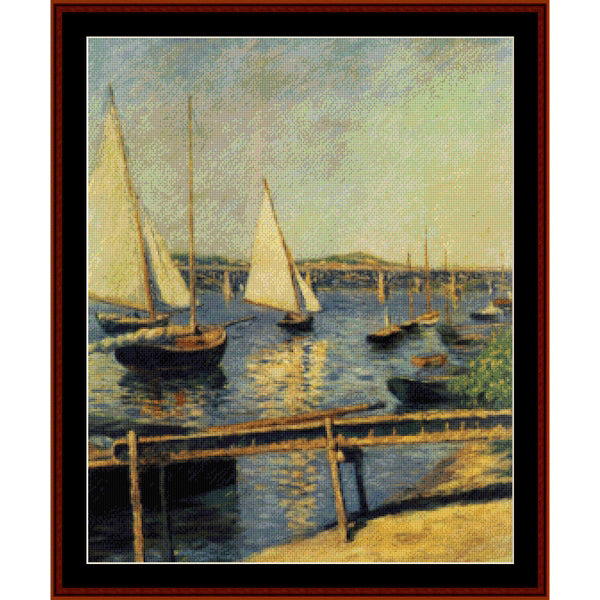 Counted Cross Stitch Pattern – Sailing Boats at Argenteuil by Gustave Caillebotte - Cross Stitch Collectibles - A framed impressionist-style painting depicting several sailboats on calm water near a dock