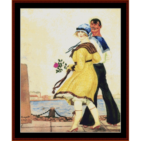 Counted Cross Stitch Pattern – Sailor and His Girl by Boris Kustodiev - Cross Stitch Collectibles - A framed vintage-style artwork showing a couple walking by the water. The woman wears a yellow dress and blue hat, and the man wears a blue and white top with dark pants.