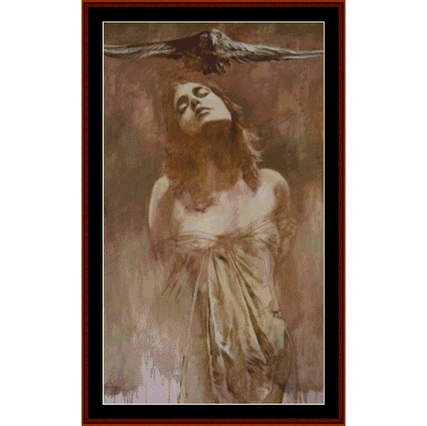Counted Cross Stitch Pattern – Salem, Fantasy - Cross Stitch Collectibles - A framed art print featuring a sepia-toned painting of a woman with her eyes closed and a dark bird across the top of her head