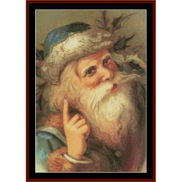 Counted Cross Stitch Pattern – Santa is Listening, Holiday - Cross Stitch Collectibles - A framed portrait print of an elderly bearded man in a blue and white fur-trimmed hat