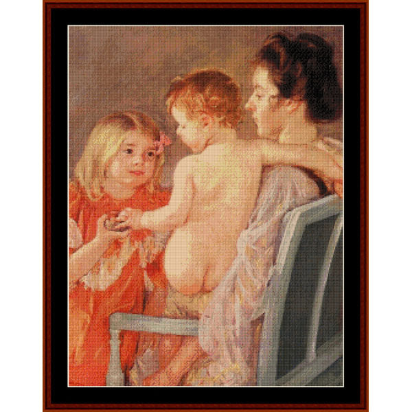 Counted Cross Stitch Pattern – Sara Handing a Toy to the Baby by Mary Cassatt - Cross Stitch Collectibles - A framed classical-style painting depicting a seated woman holding a child, with another child standing beside her in a red dress.
