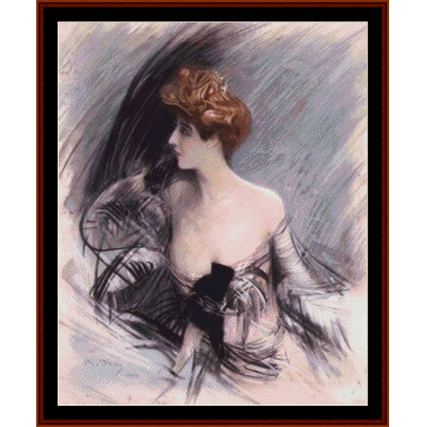 Counted Cross Stitch Pattern โ Sarah Bernhardt by Giovanni Boldini- Cross Stitch Collectibles - A framed vintage-style art print featuring an elegant woman in profile with reddish-brown hair, wearing a light dress with a black bow or glove at the waist, rendered in soft gray, black, white, and blush tones.