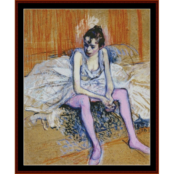 Counted Cross Stitch Pattern – Seated Dancer in Pink Tights by Toulouse Lautrec - Cross Stitch Collectibles - A framed art print featuring an impressionist-style sketch of a seated woman in a white dress and pink stockings, with warm orange and beige tones