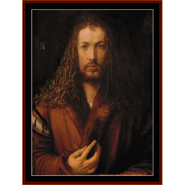 Counted Cross Stitch Pattern – Self Portrait by Albrecht Durer - Cross Stitch Collectibles - A framed portrait painting of a man with long curly hair and a beard, wearing a reddish-brown robe against a dark background