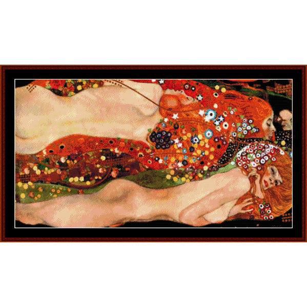 Counted Cross Stitch Pattern – Serpents by Gustav Klimt - Cross Stitch Collectibles - A framed art print depicting a reclining nude woman with vivid red hair and a floral patterned dress