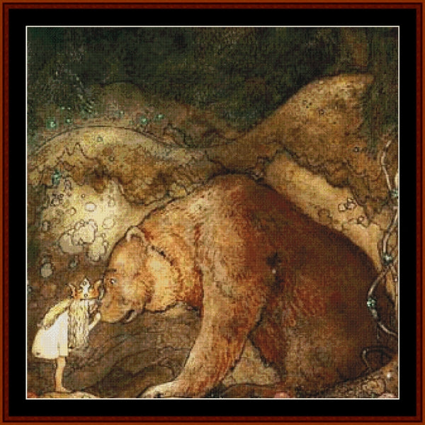 Counted Cross Stitch Pattern – She Kissed the Bear by Jon Bauer - Cross Stitch Collectibles - A framed art print featuring a detailed illustration of a large brown bear and a small girl in a white dress, rendered in earthy brown, beige, and dark green tones