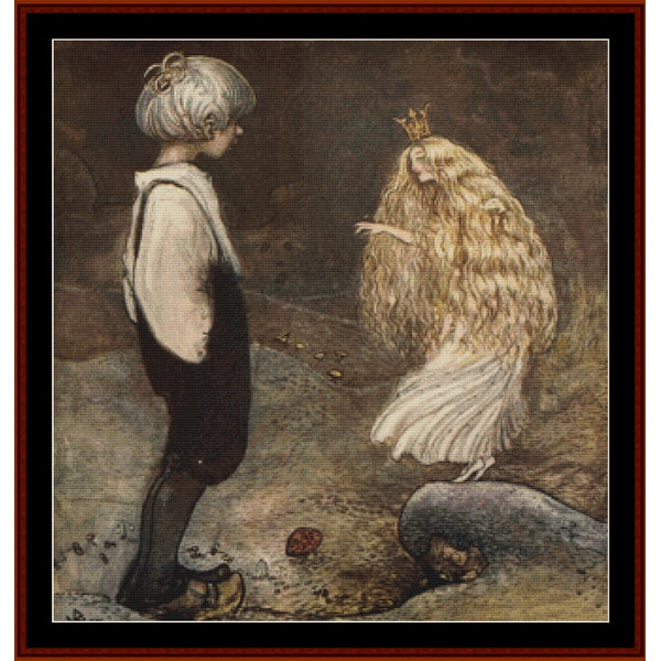 Counted Cross Stitch Pattern – She Was Changed to a Fairy by Jon Bauer - Cross Stitch Collectibles - A framed art print featuring a classic fairy tale illustration of a young boy in a white shirt and dark overalls looking at a long-haired fairy with a small gold crown.