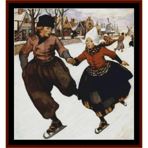 Counted Cross Stitch Pattern – Silver Skates by Jesse Willcox Smith - Cross Stitch Collectibles - A framed vintage-style artwork showing two people ice skating in a snowy village scene. The man wears a dark hat and loose brown outfit, and the woman wears a white head covering, rust-red top, and dark skirt.