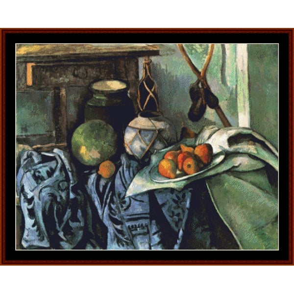 Counted Cross Stitch Pattern – Still Life with Ginger Jar and Eggplant by Paul Cezanne - Cross Stitch Collectibles - A framed still life painting featuring a green melon, oranges on a plate, draped blue and green fabrics, and dark bottles against a muted interior background.