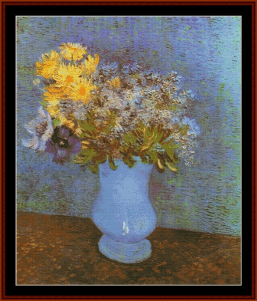 Counted Cross Stitch Pattern β Vase with Lilacs, Daisies and Anemones by Vincent Van Gogh - Cross Stitch Collectibles - A still life painting of a bouquet of yellow, white, and purple flowers in a pale blue vase, set against a textured blue and green background