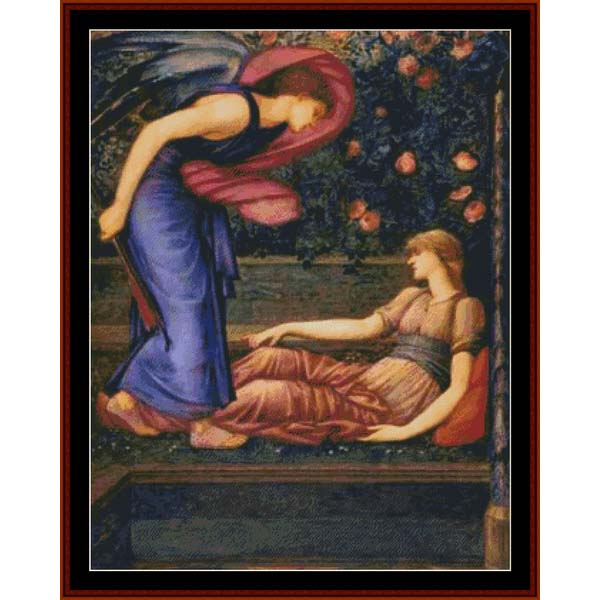 Cupid & Psyche by Edward Burne-Jones - A framed classical painting depicting a winged female figure in a blue robe leaning over a reclining woman in a pink dress, with fruit and foliage in the background