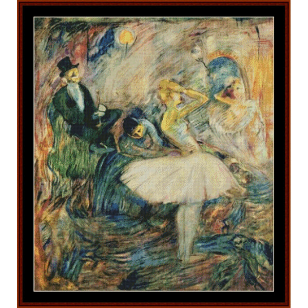 Dancer in her Dressing Room by Toulouse Lautrec - A framed art print featuring an impressionist-style painting of a ballerina in a white tutu with a man in a black suit and other figures in blue, green, yellow, and brown tones