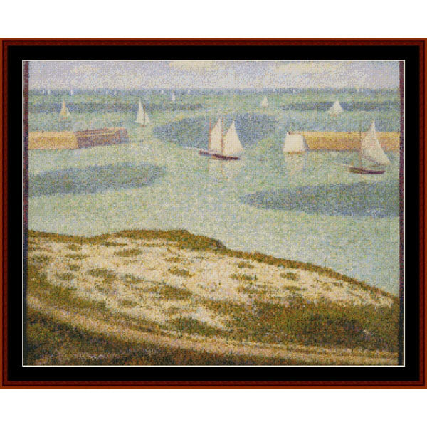 Entrance to the Harbor by Georges Seurat - A framed art print depicting a Pointillist seascape with sailboats on a greenish-blue waterway