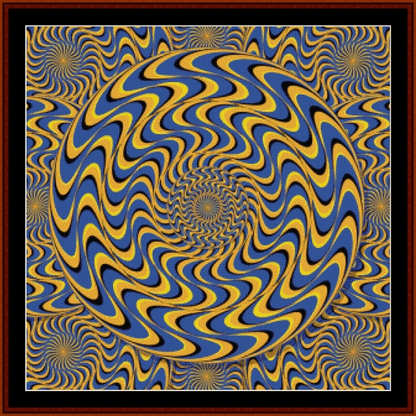 Counted Cross Stitch Pattern: Optical Illusion 8 - Cross Stitch Collectibles - A square art print featuring a hypnotic optical illusion pattern with swirling blue, yellow, and black wavy lines radiating from the center