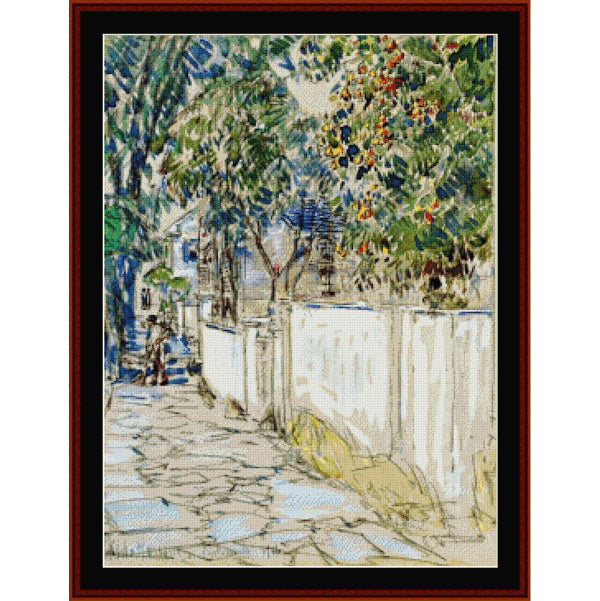 Counted Cross Stitch Pattern by Cross Stitch Collectibles of a street scene with trees and people,