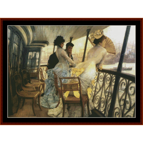 Counted Cross Stitch Pattern by Cross Stitch Collectibles of three people on a boat with a scenic background