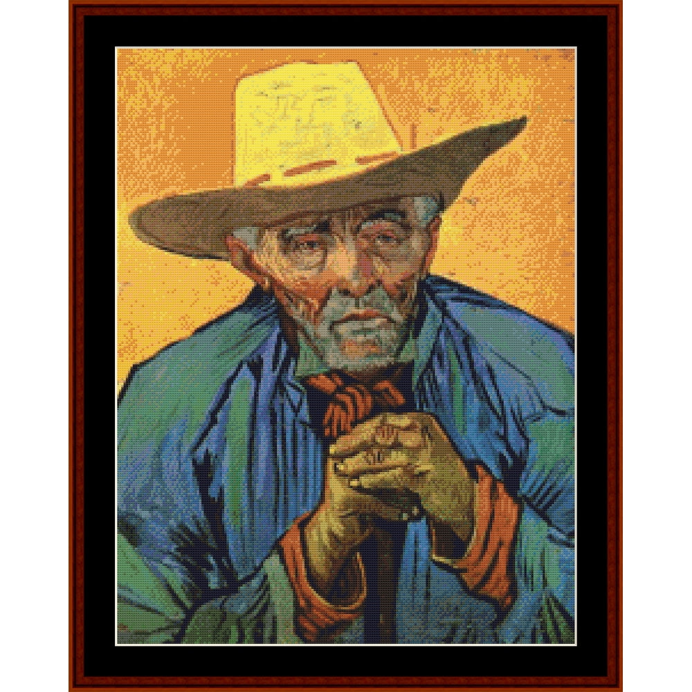 Vincent Van Gogh - A framed portrait artwork showing an elderly man wearing a wide hat, blue jacket, and red tie against a warm yellow background
