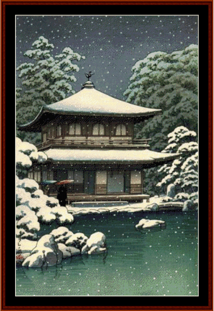 Snow at Ginkakuji - Asian Art pdf cross stitch pattern