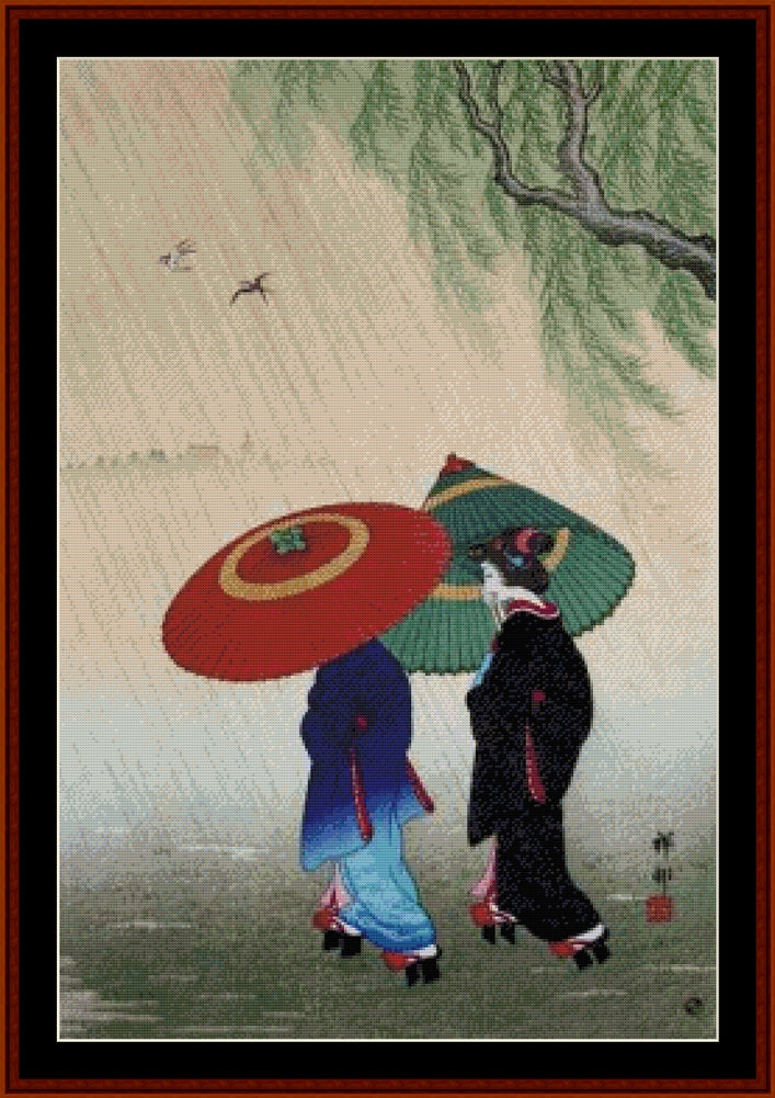 Two Beauties in the Rain - Asian Art pdf cross stitch pattern
