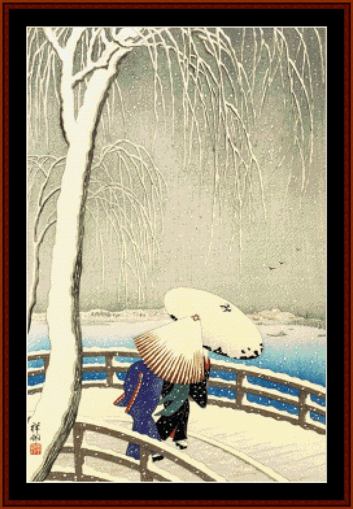 Snow Time at Willow Bridge - Asian Art pdf cross stitch pattern