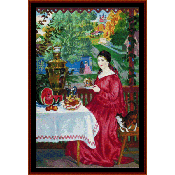 Merchant's Wife on the Balcony - Boris Kustodiev cross stitch pattern