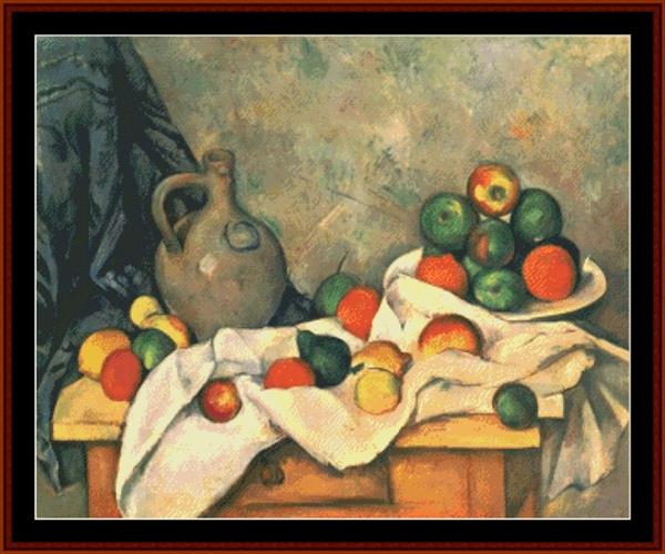 Curtain, Jug and Fruit - Paul Cezanne pdf cross stitch pattern