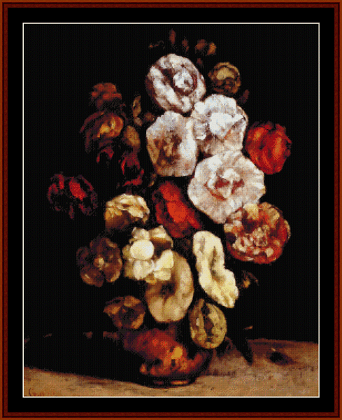 Hollyhocks in Copper Bowl - Gustave Courbet cross stitch pattern