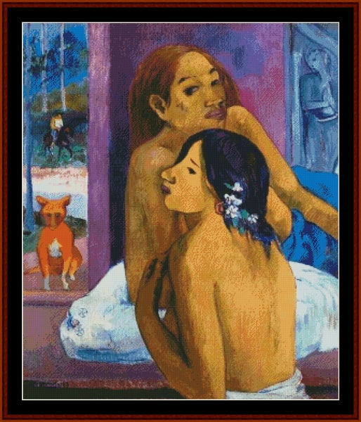 Two Women with Flowered Hair - Paul Gauguin pdf cross stitch pattern
