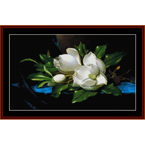 Magnolia on Blue Cloth - M.J. Heade pdf cross stitch pattern