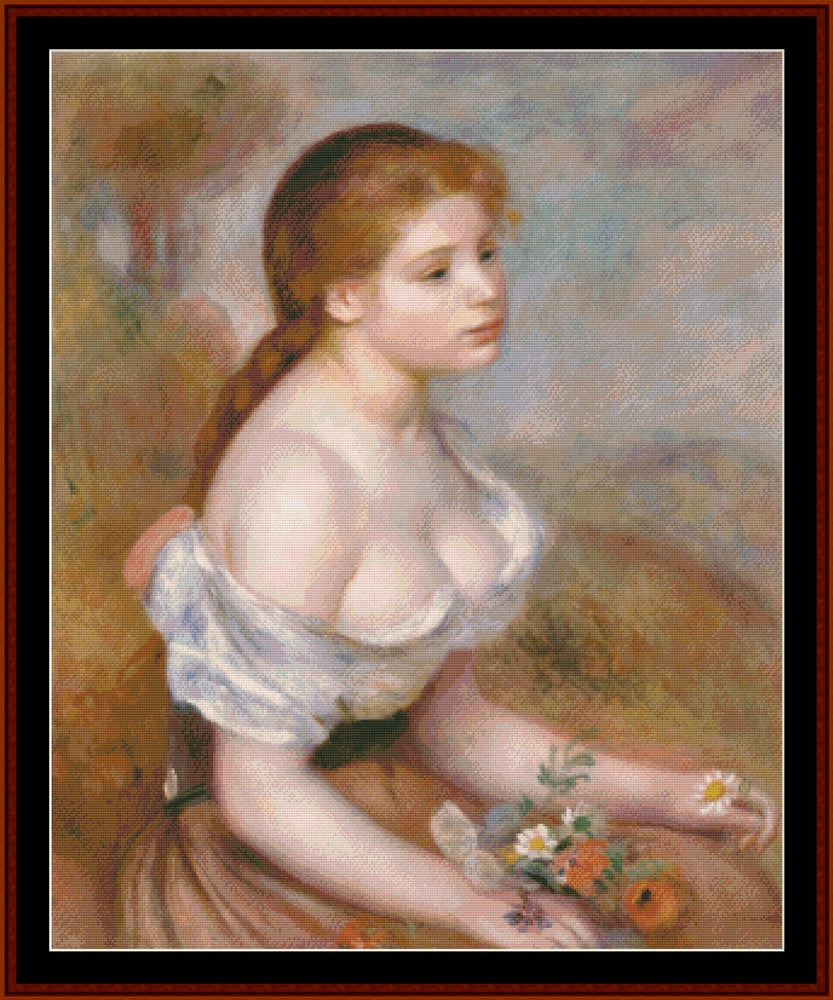 Young Girl with Daisies – Pierre Auguste Renoir pdf cross stitch pattern