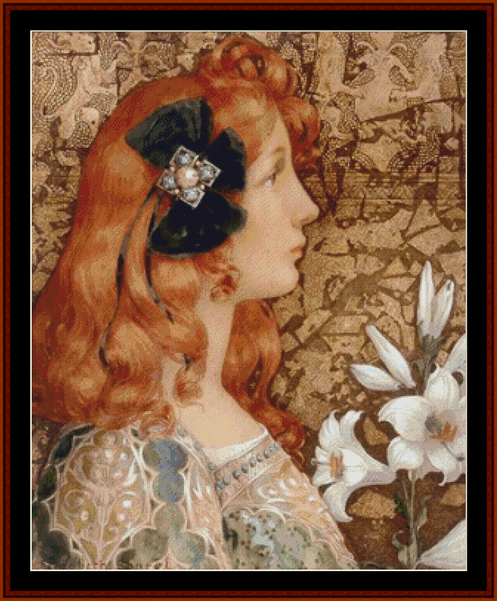 Young Woman with Lilies – Elisabeth Sonrel pdf cross stitch pattern