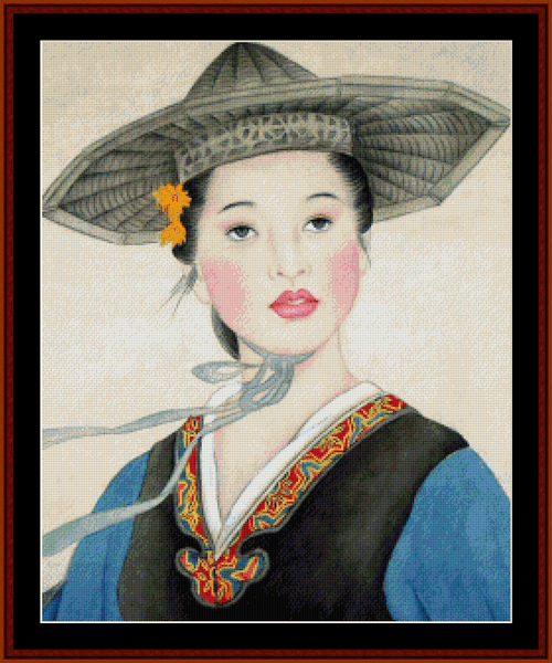 Woman in Gray Hat - Vintage Asian Art pdf cross stitch pattern