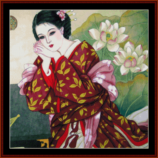 Woman with Lotus Blossoms - Vintage Asian Art pdf cross stitch pattern