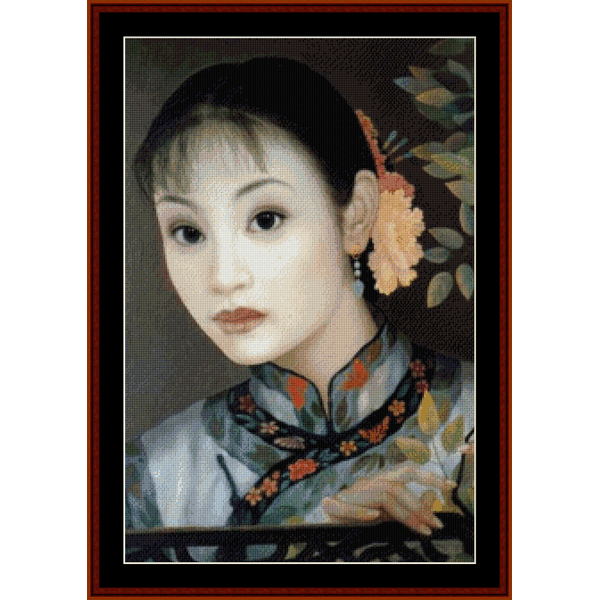 Woman with Flower in Hair - Asian Art pdf cross stitch pattern