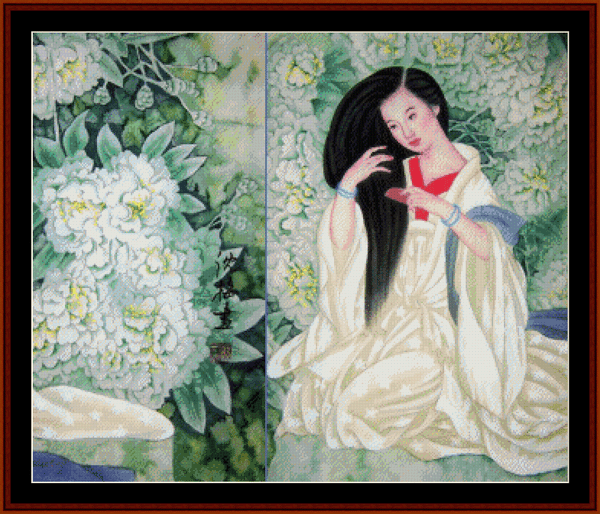 Woman Brushing Hair - Vintage Asian Art pdf cross stitch pattern