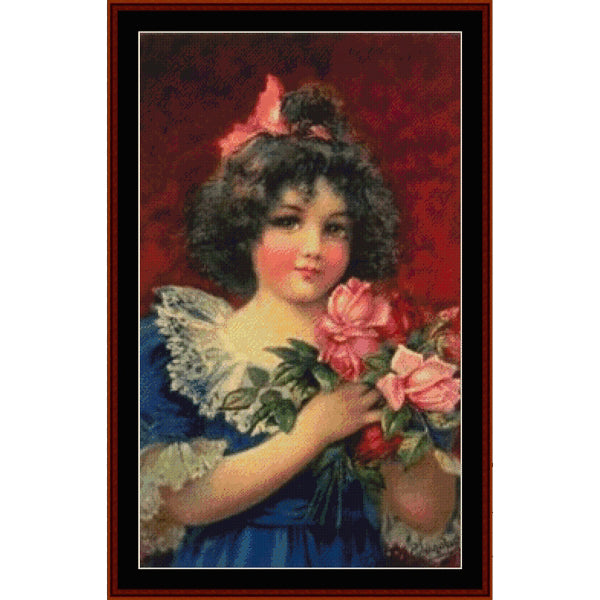 Girl with Pink Roses pdf counted cross stitch pattern