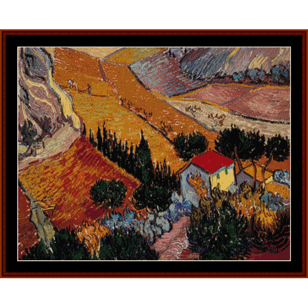 Landscape with House and Ploughman - Van Gogh pdf cross stitch pattern