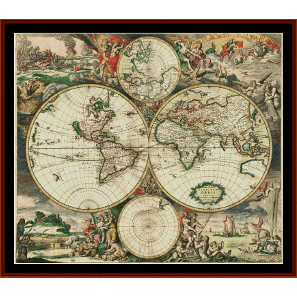17th Century World Map - Vintage counted pdf cross stitch pattern