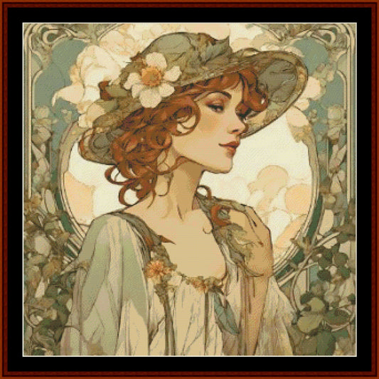 Art Nouveau-style Counted Cross Stitch Pattern by Cross Stitch Collectibles of a woman with flowers in her hair and a floral frame.