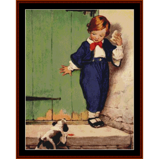 Vintage-style Counted Cross Stitch Pattern by Cross Stitch Collectibles of a boy and dog in a framed setting