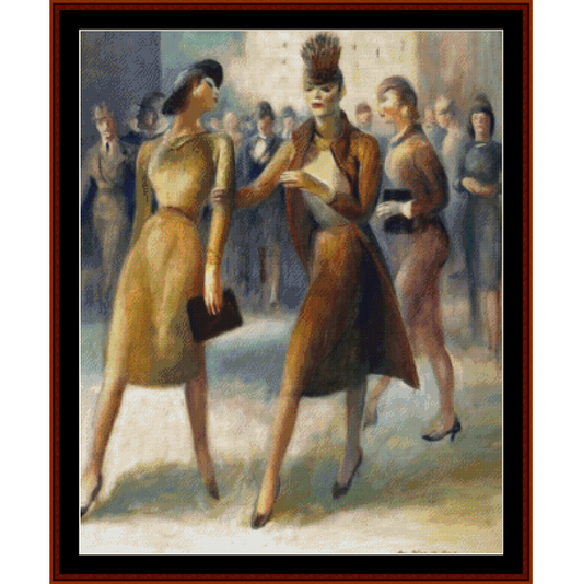 Counted Cross Stitch Pattern by Cross Stitch Collectibles of three women in formal attire walking together with a crowd in the background.