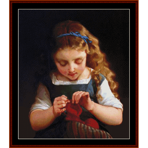 Counted Cross Stitch Pattern by Cross Stitch Collectibles of a young girl with a blue ribbon in her hair, wearing a dark dress with a white collar.