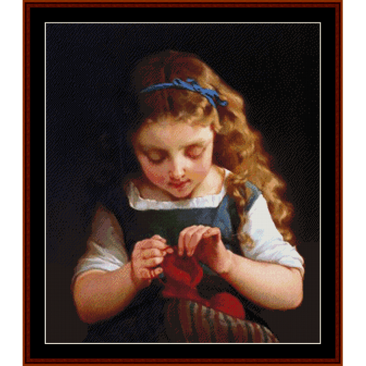 Counted Cross Stitch Pattern by Cross Stitch Collectibles of a young girl with a blue ribbon in her hair, wearing a dark dress with a white collar.