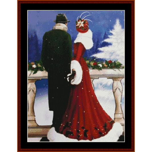 Counted Cross Stitch Pattern by Cross Stitch Collectibles of a couple in formal attire standing on a snowy balcony.