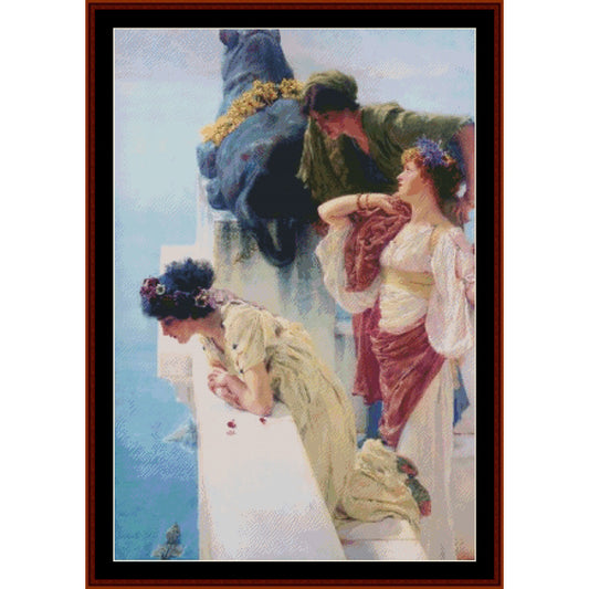 Counted Cross Stitch Pattern by Cross Stitch Collectibles of three figures in a classical style with a blue sky background