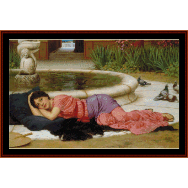Counted Cross Stitch Pattern by Cross Stitch Collectibles - Woman sleeping by a fountain with pigeons in a garden setting