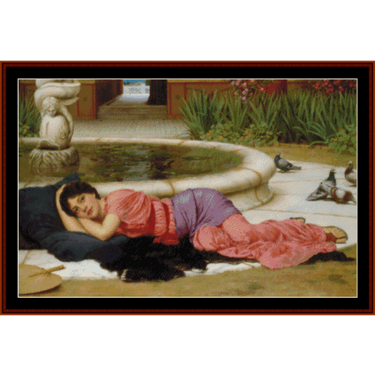 Counted Cross Stitch Pattern by Cross Stitch Collectibles - Woman sleeping by a fountain with pigeons in a garden setting