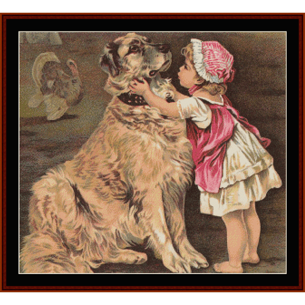 Vintage-style Counted Cross Stitch Pattern by Cross Stitch Collectibles of a child petting a large dog with a soft focus background