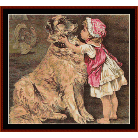 Vintage-style Counted Cross Stitch Pattern by Cross Stitch Collectibles of a child petting a large dog with a soft focus background