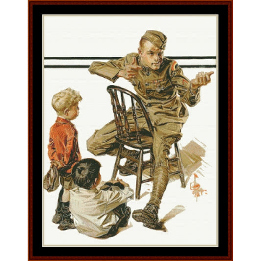 Counted Cross Stitch Pattern by Cross Stitch Collectibles of a soldier talking to two children, framed with a dark border.